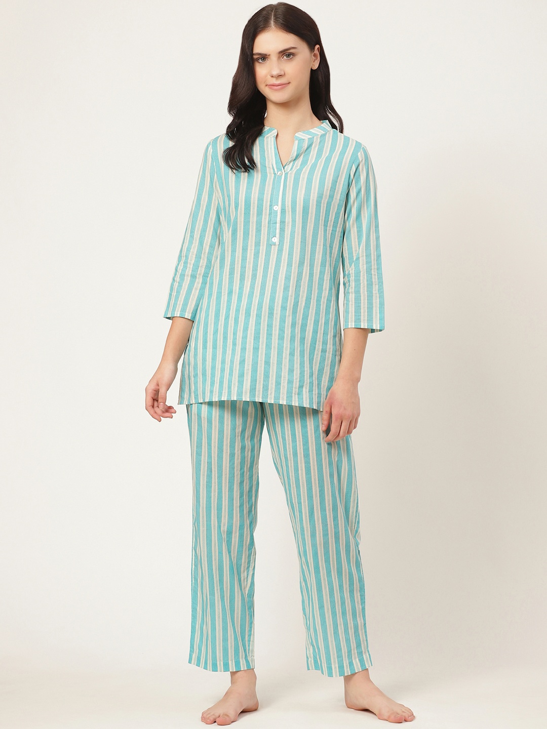 

Prakrti Women Sea Green & White Striped Nightsuit