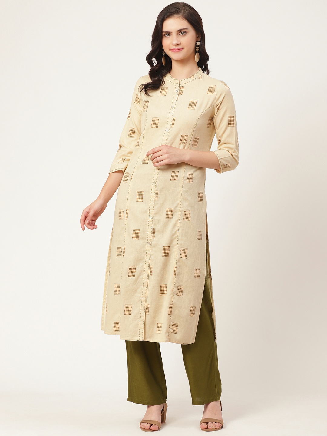 

Prakrti Women Beige & Olive Green Embroidered Printed Kurta with Trousers