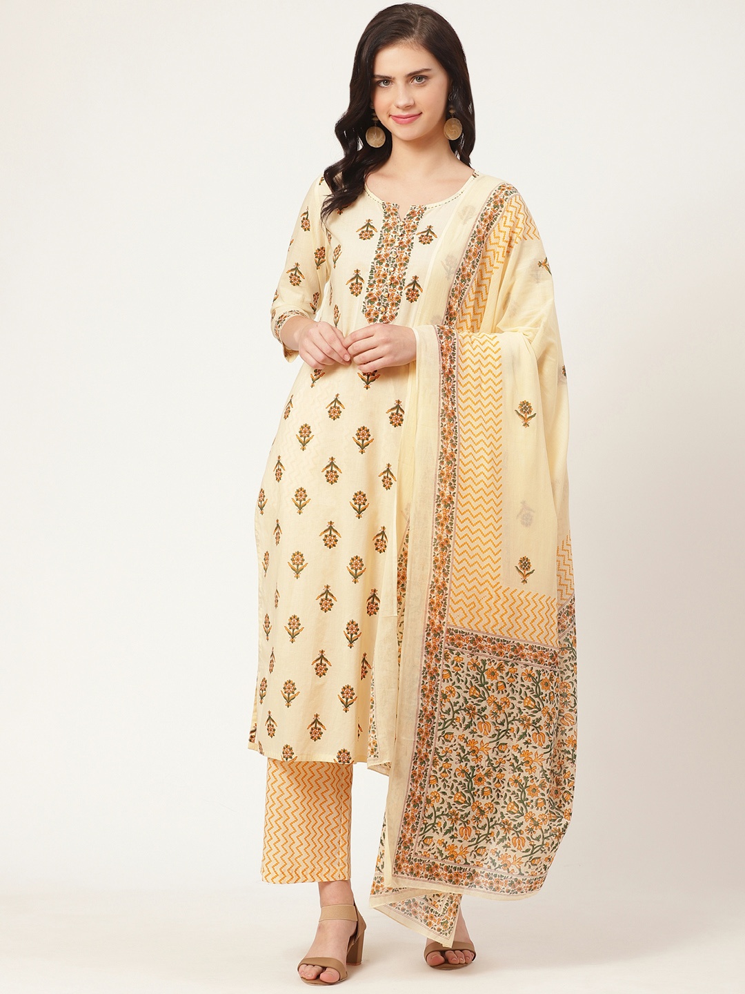 

Prakrti Women Cream-Coloured & Green Sequinned Printed Kurta with Trousers & Dupatta, Yellow