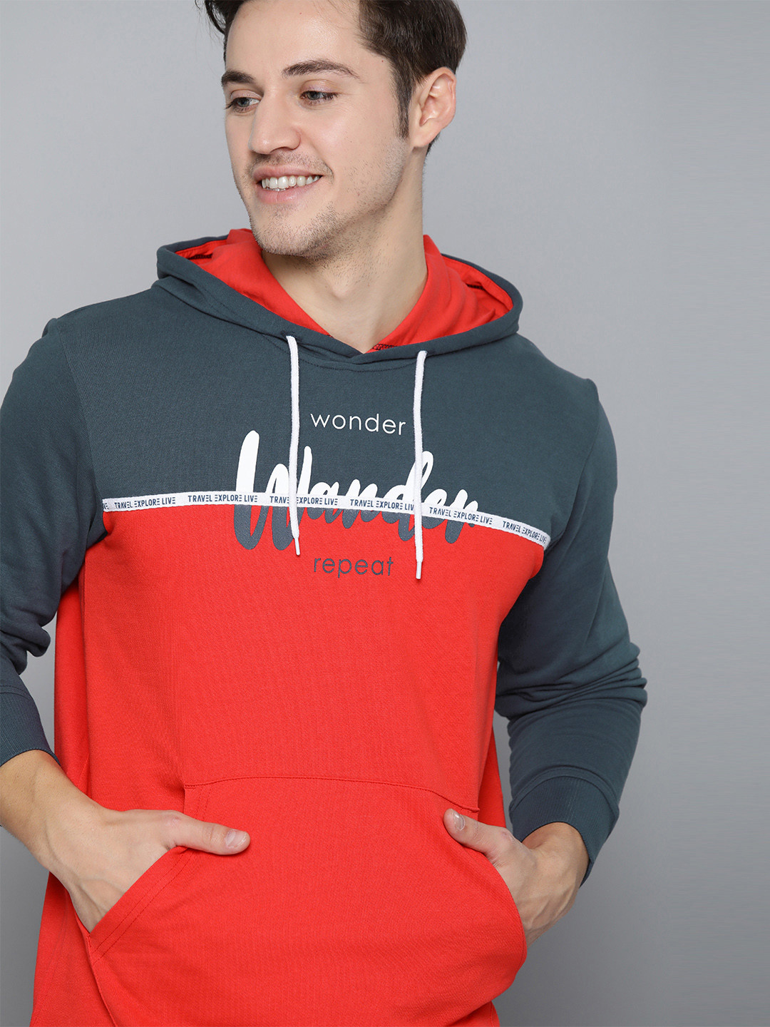 

Mast & Harbour Men Red & Navy Blue Colourblocked Cotton Hooded Sweatshirt