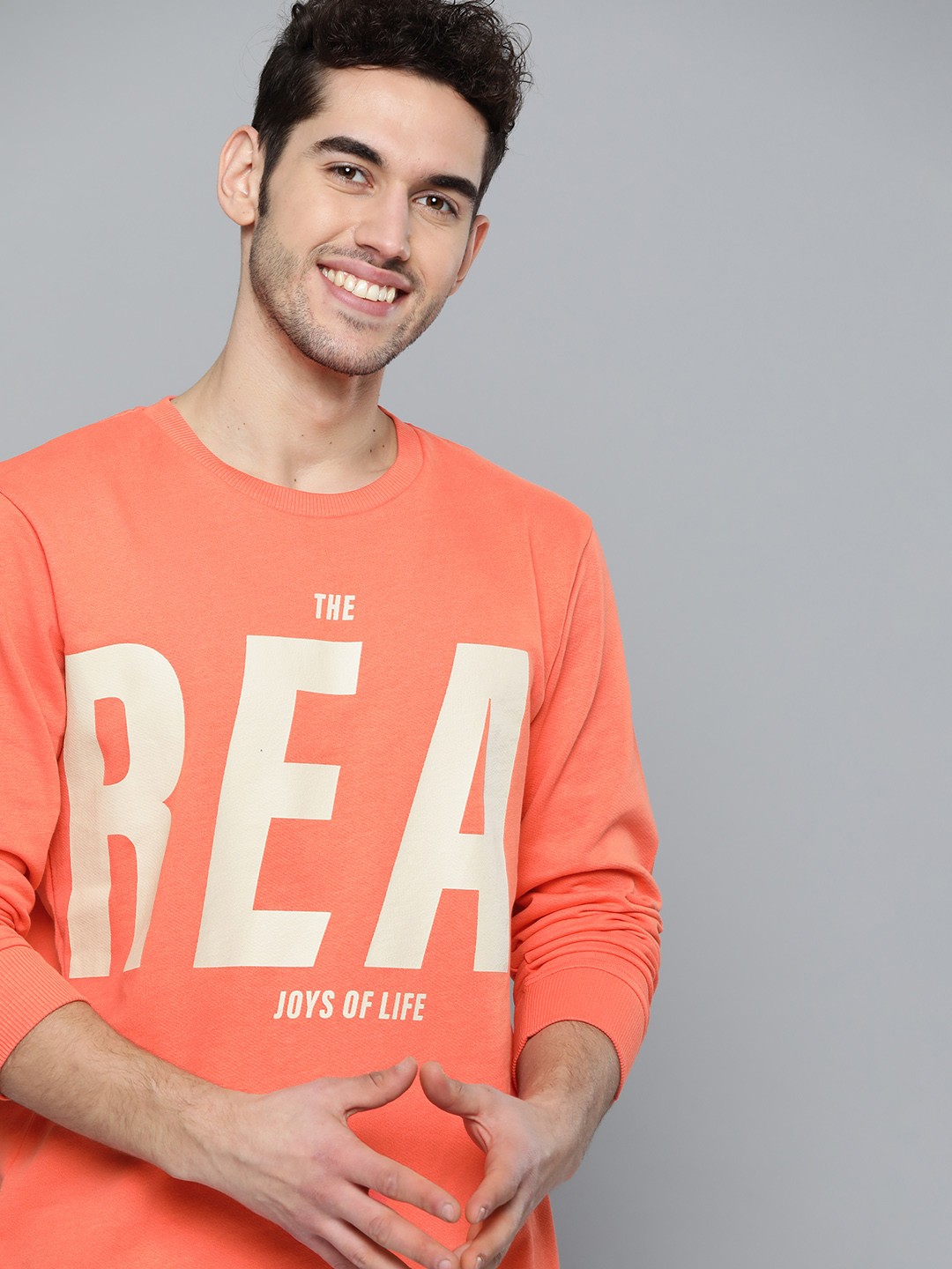 

Mast & Harbour Men Peach-Coloured & Beige Pure Cotton Printed Sweatshirt