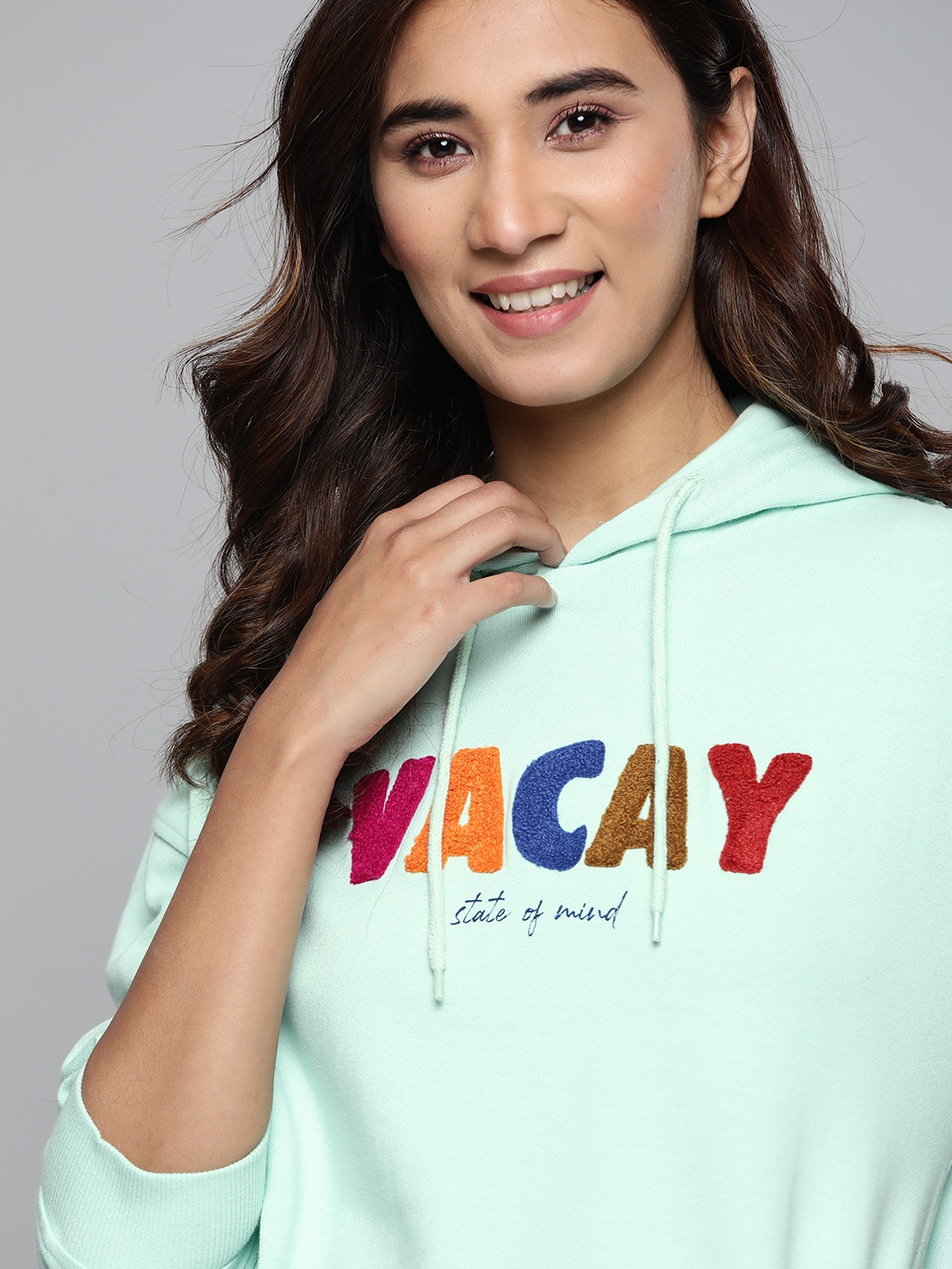 

Mast & Harbour Women Sea Green Pure Cotton Self Design Hooded Sweatshirt