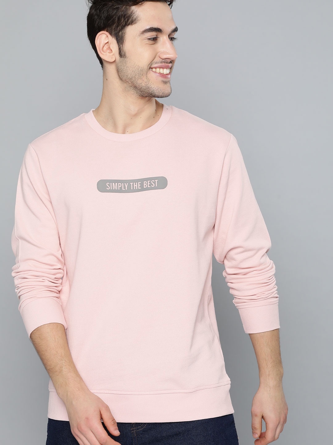 

Mast & Harbour Men Peach-Coloured Solid Cotton Sweatshirt