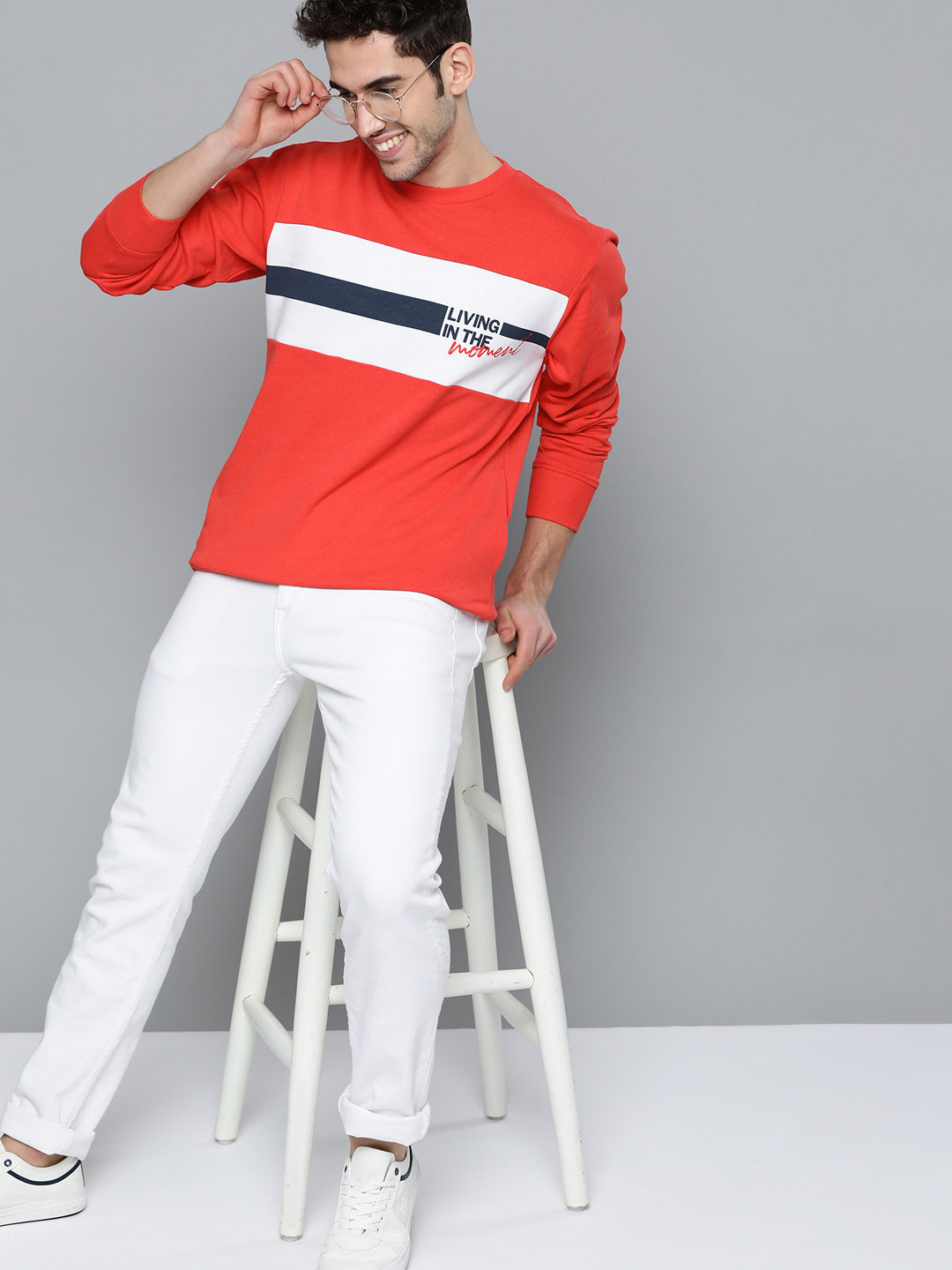 

Mast & Harbour Men Coral Red & White Pure Cotton Striped Sweatshirt