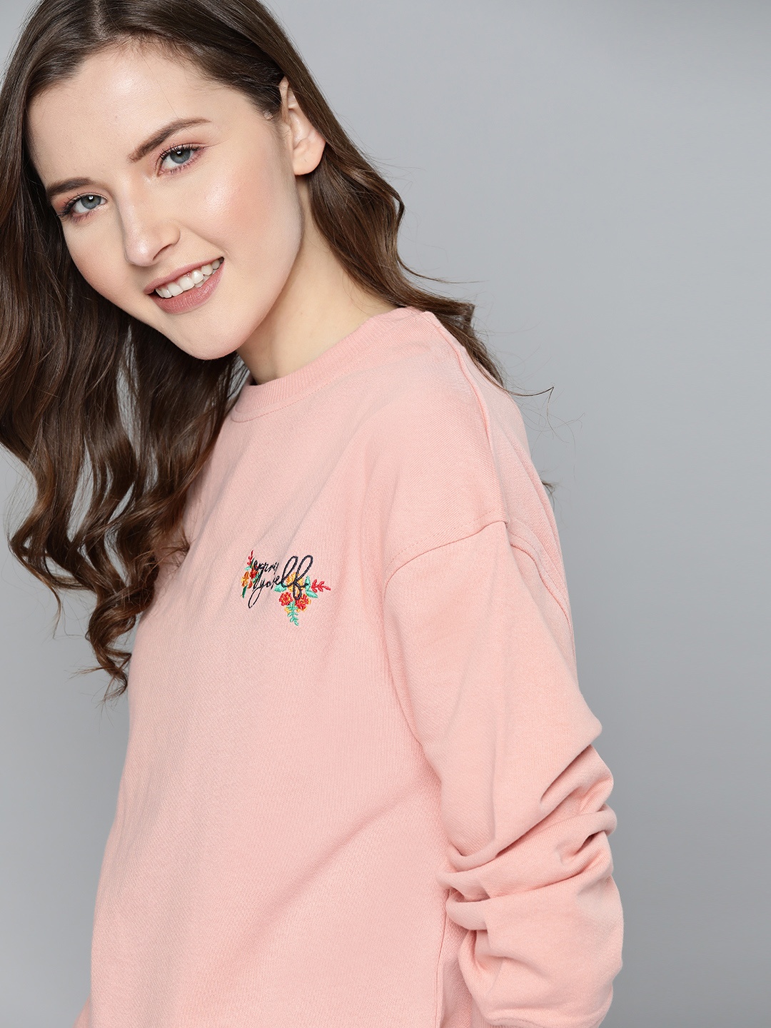 

Mast & Harbour Women Peach-Coloured Solid Sweatshirt with Embroidered Detail