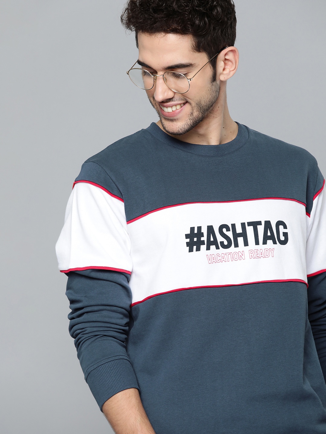 

Mast & Harbour Men Navy Blue & White Pure Cotton Colourblocked Sweatshirt with Print
