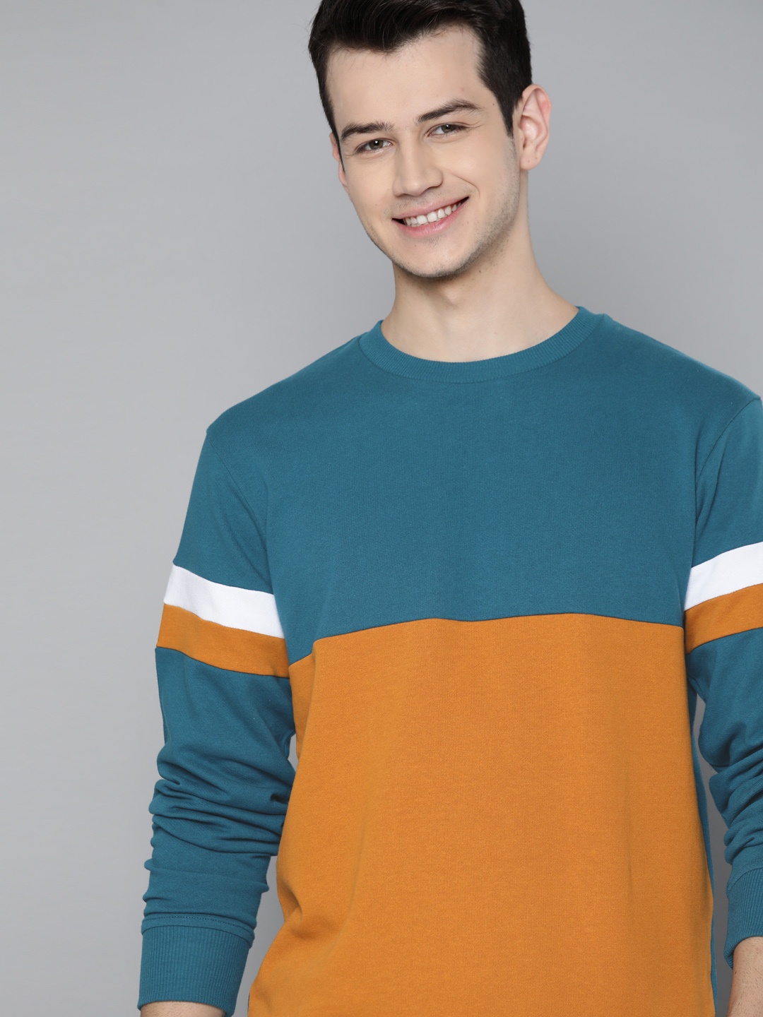 

Mast & Harbour Men Blue & Mustard Yellow Colourblocked Sweatshirt