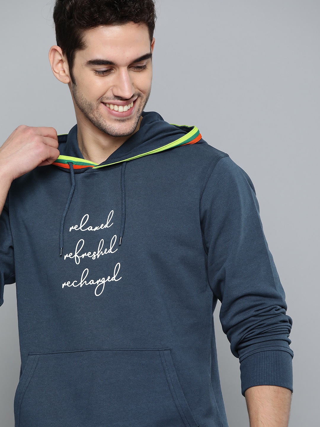 

Mast & Harbour Men Navy Blue Embossed Print Hooded Sweatshirt