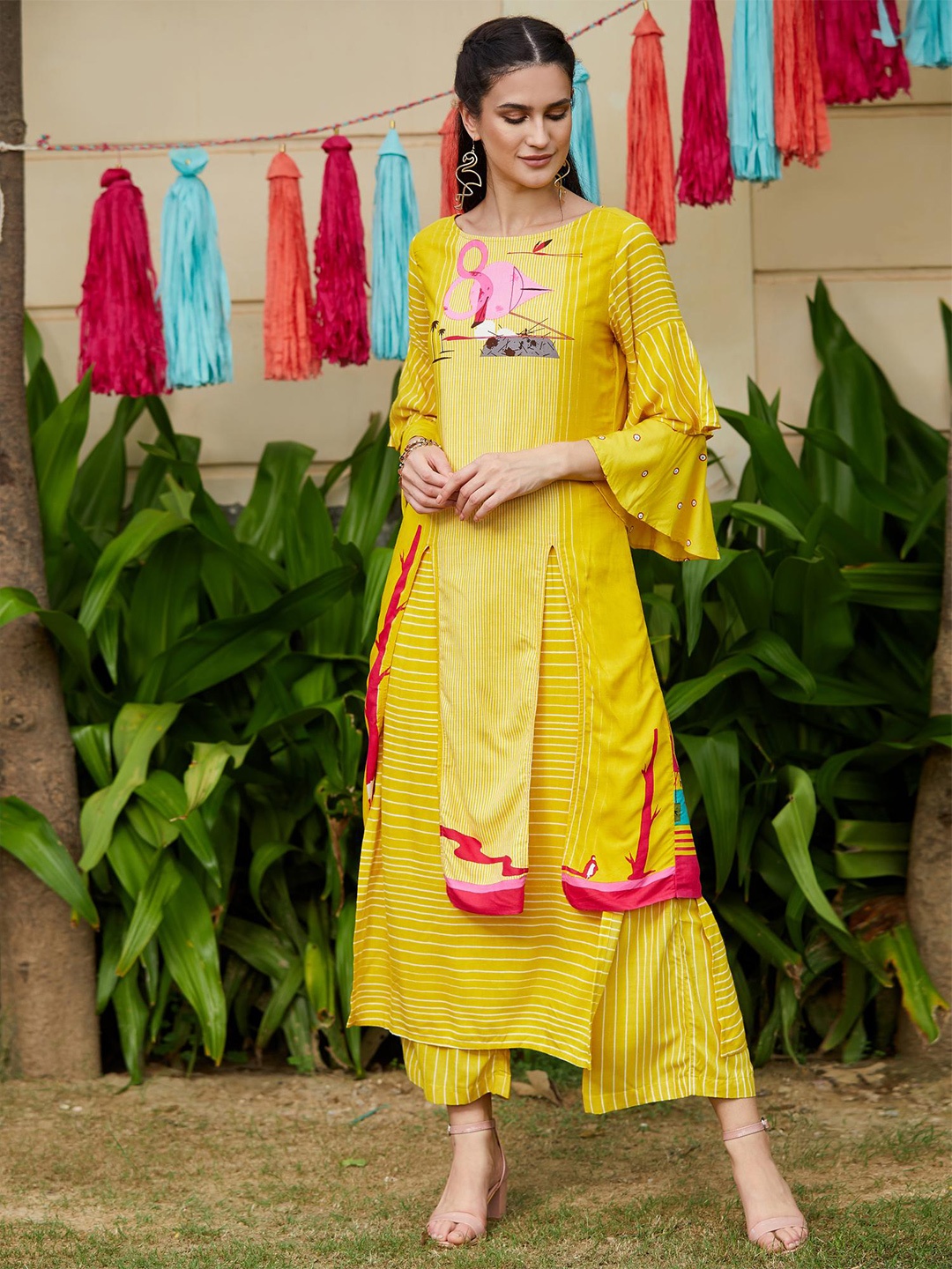 

Pannkh Women Yellow & Pink Printed A-Line Kurta