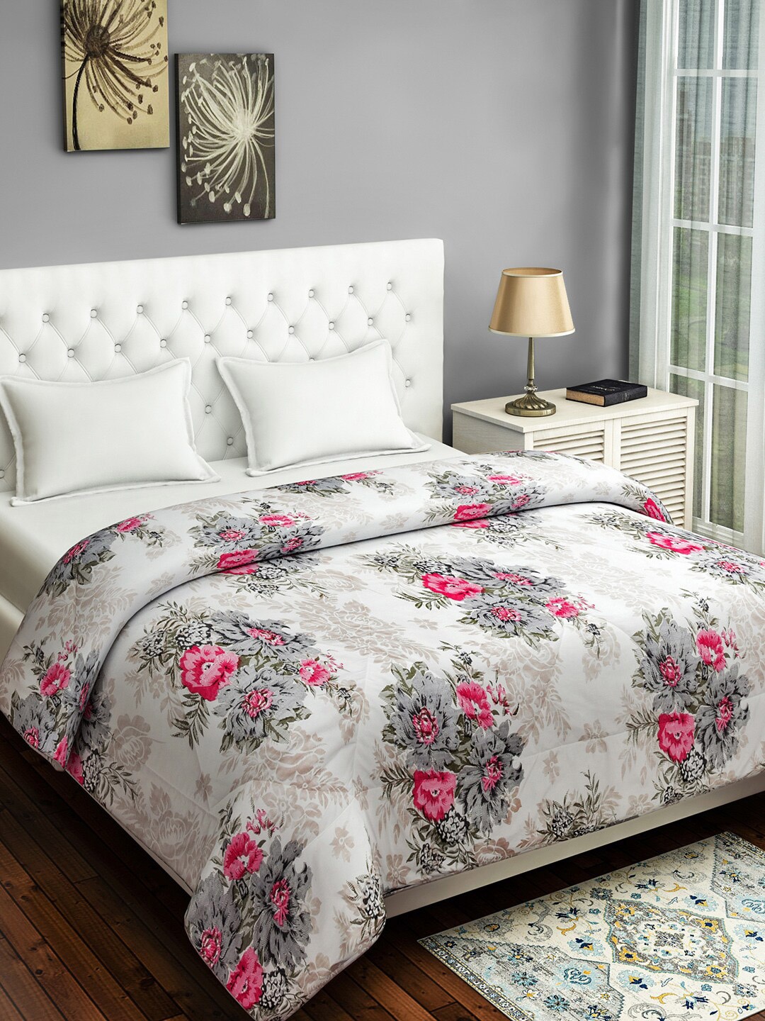 

Swayam Pink & Beige Floral Cotton Satin Zinnia Double AC Quilt 250TC, Off white