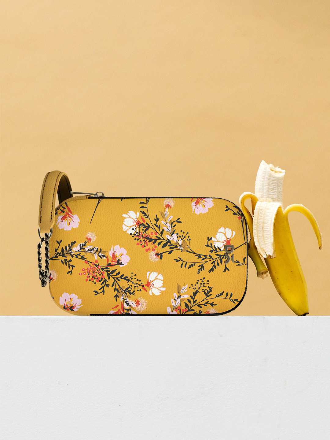 

DailyObjects Mustard Yellow & Pink Floral Print Sling Bag