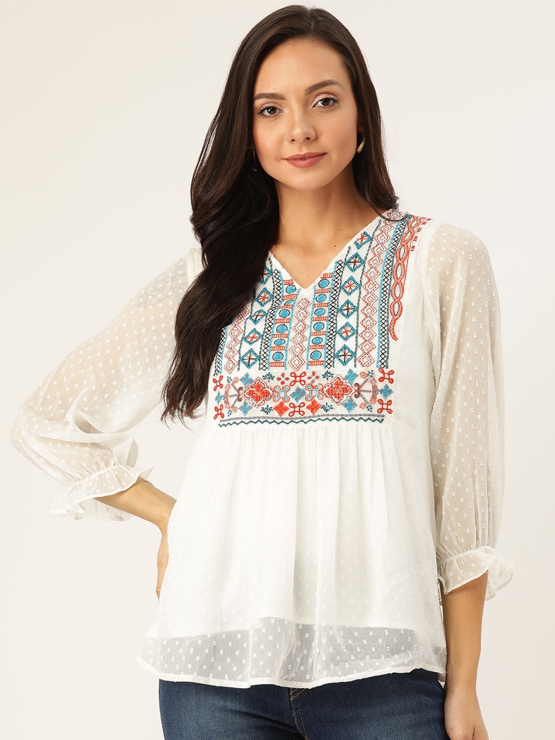 

Antheaa Women White & Blue Self-Design A-Line Top