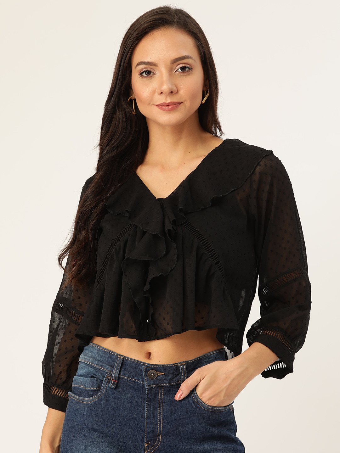 

Antheaa Women Black Self-Design Ruffled Semi-Sheer Crop Top