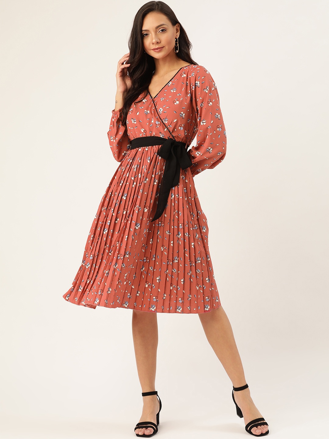 

Antheaa Women Rust Red & Blue Floral Print Accordion Pleat Wrap Dress With Belt