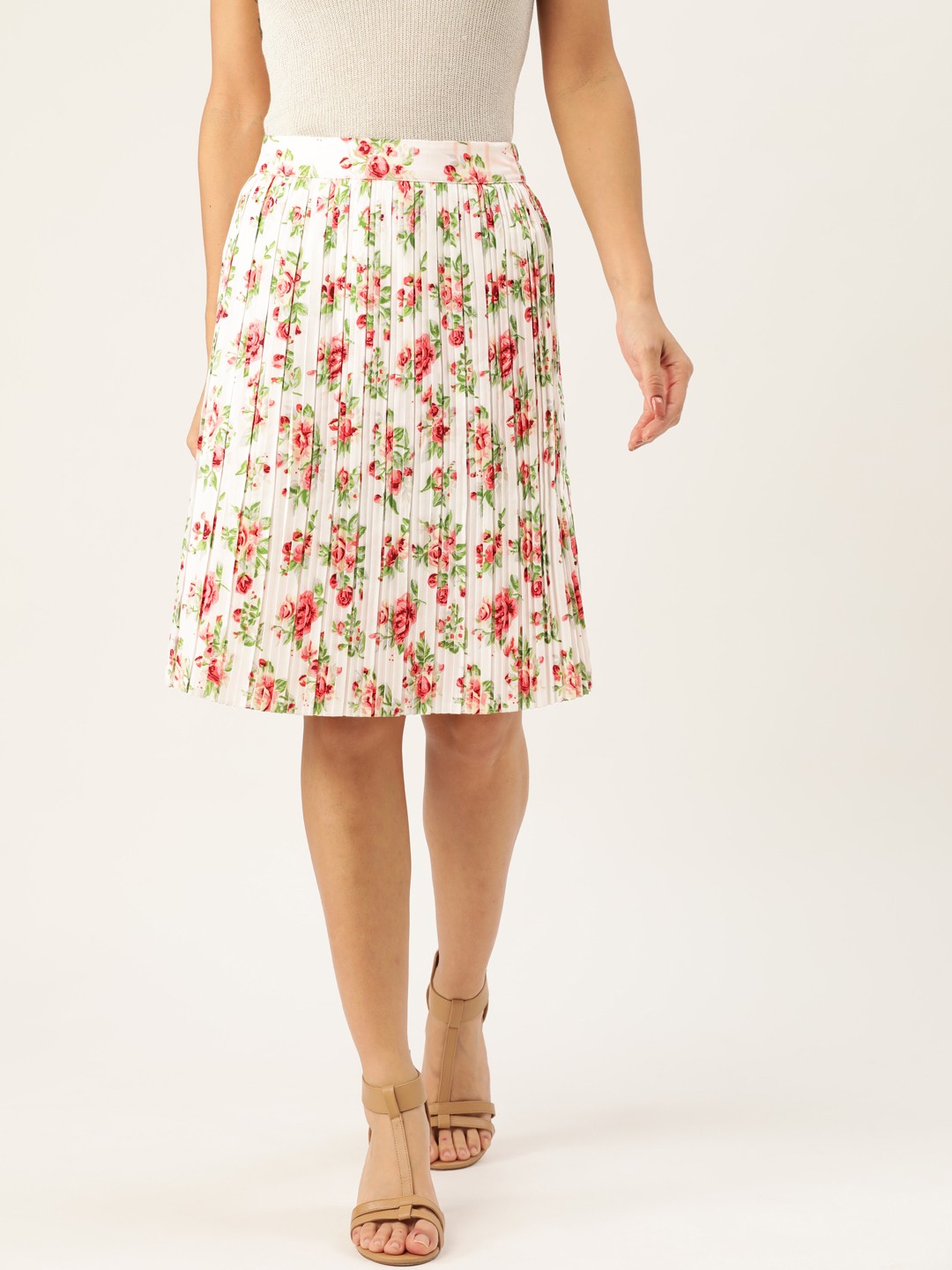 

Antheaa Women Off-White & Pink Floral Printed Accordion Pleated Flared Skirt