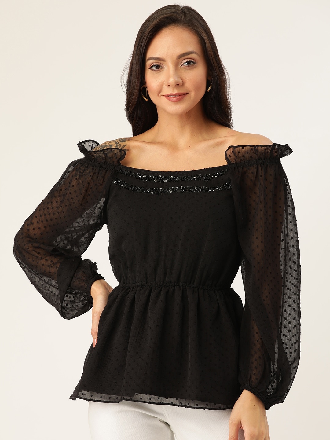 

Antheaa Women Black Self-Design Bardot Top