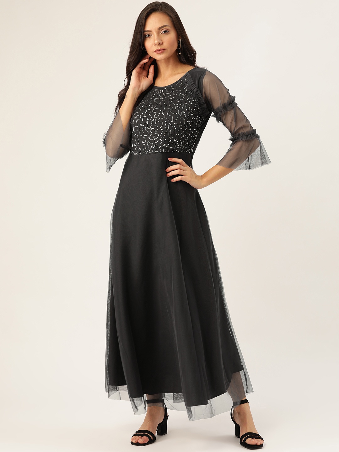 

Antheaa Women Charcoal Grey Embellished Net Maxi Dress