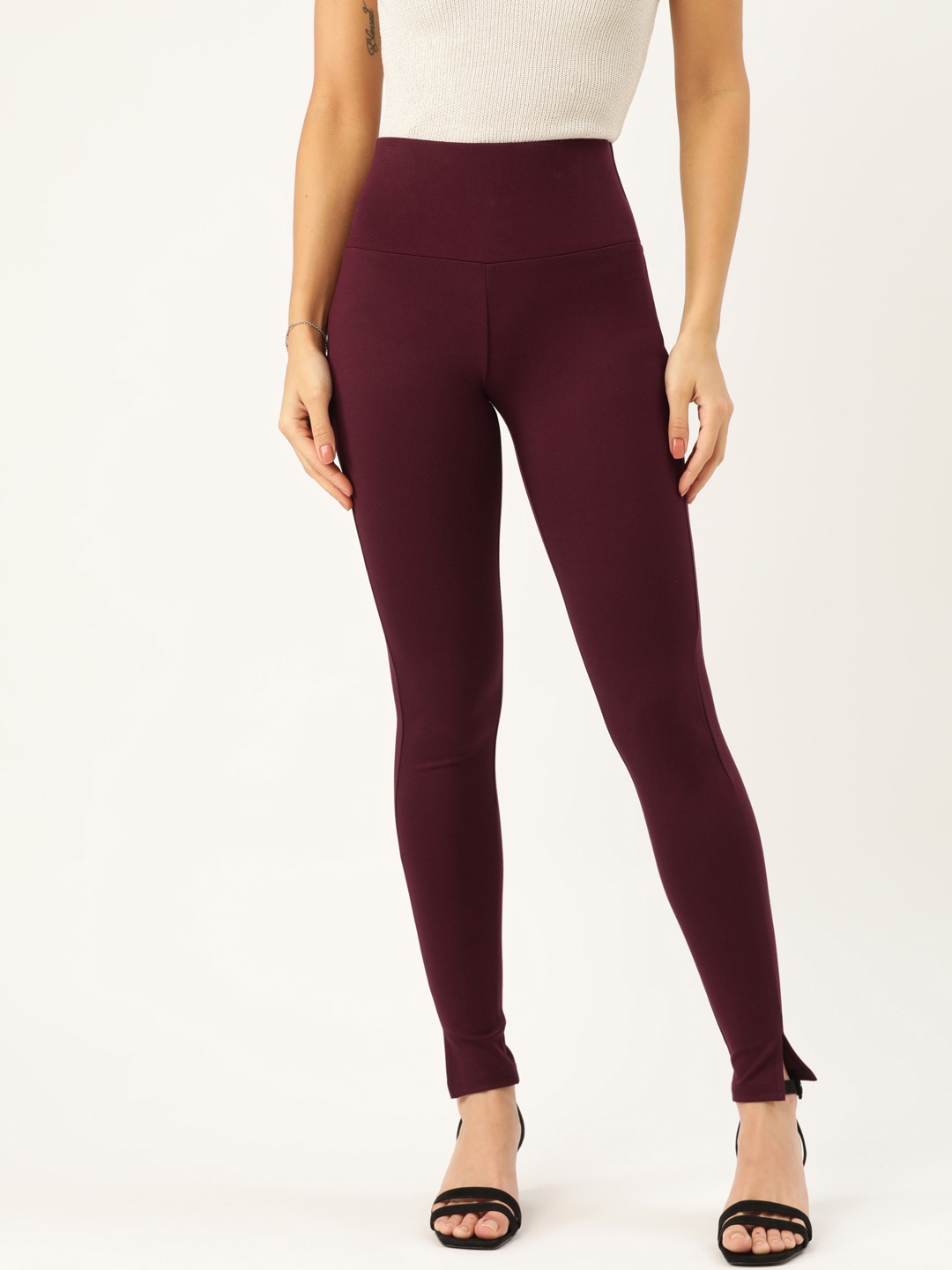 

Antheaa Women Burgundy Skinny Fit Solid Treggings