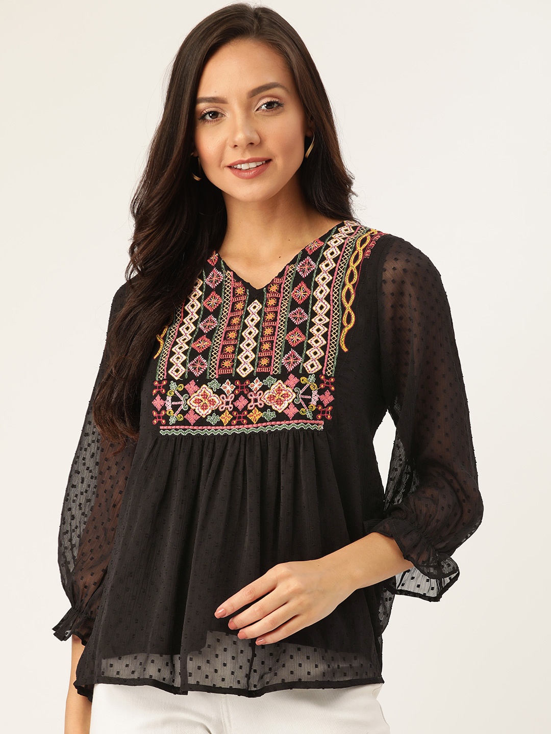 

Antheaa Women Black Self-Design Embroidered Detail Semi-Sheer A-Line Top