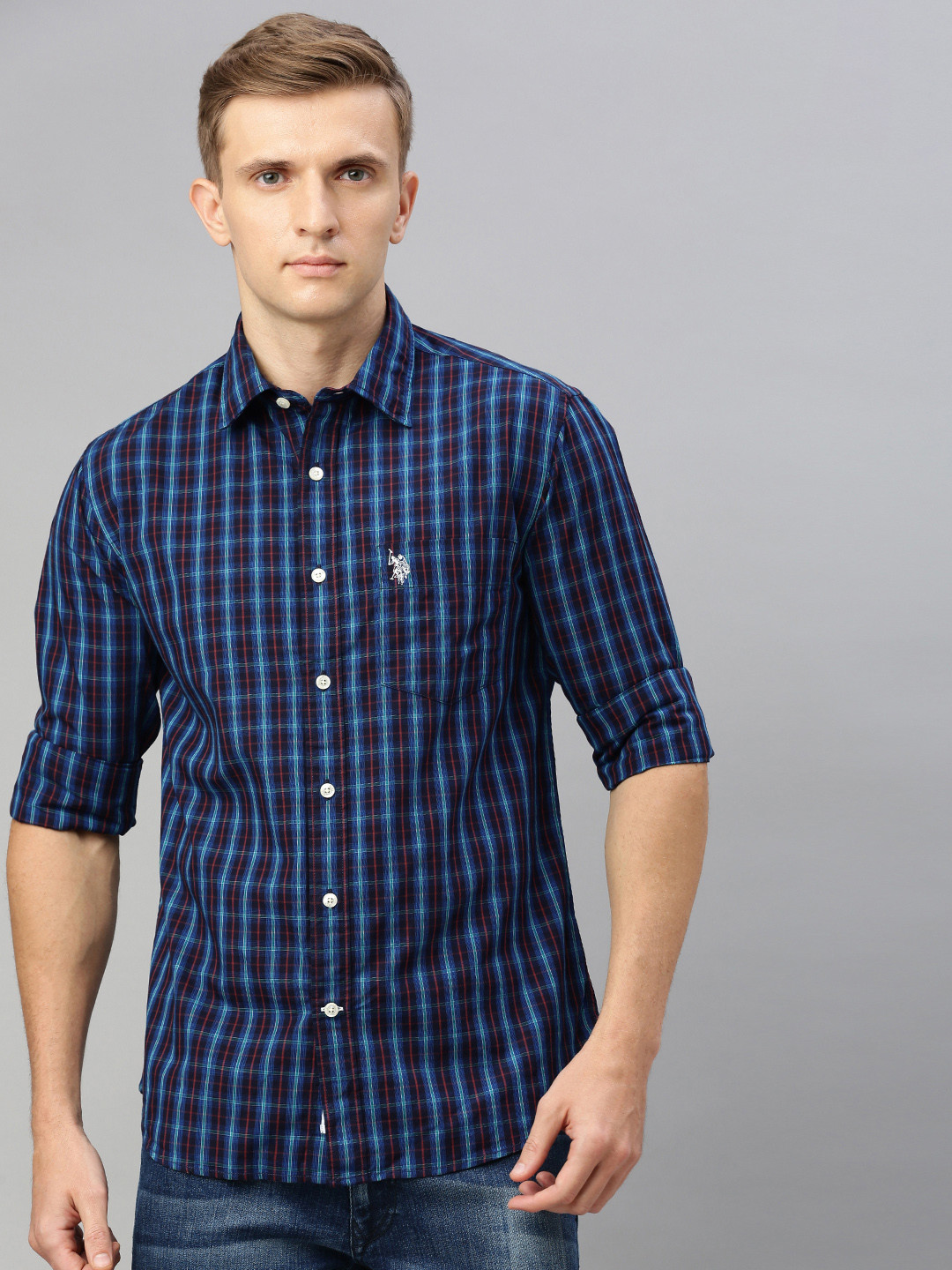 

U.S. Polo Assn. Men Blue & Black Tailored Fit Checked Casual Shirt