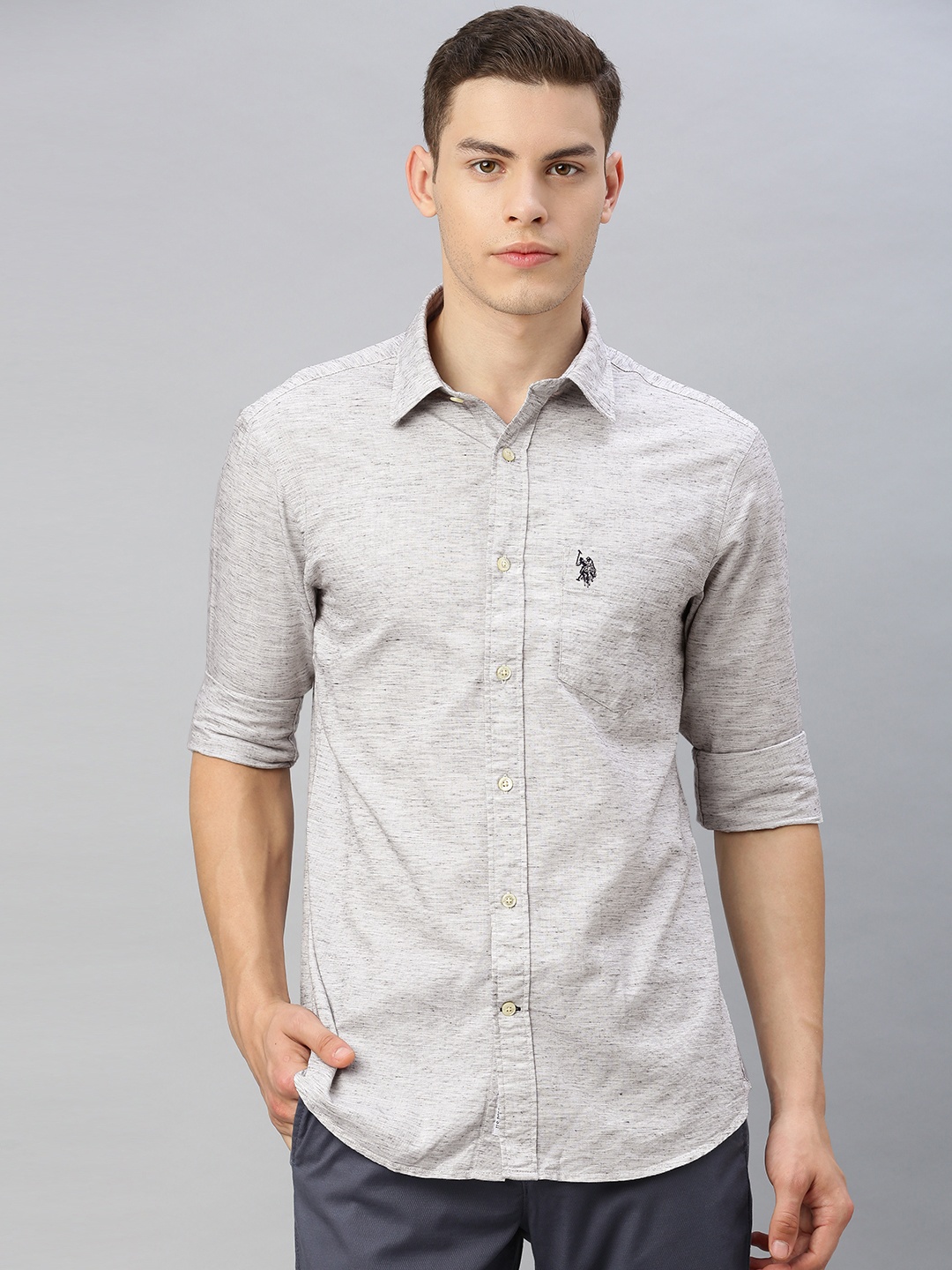 

U.S. Polo Assn. Men Grey Melange Tailored Fit Solid Casual Shirt