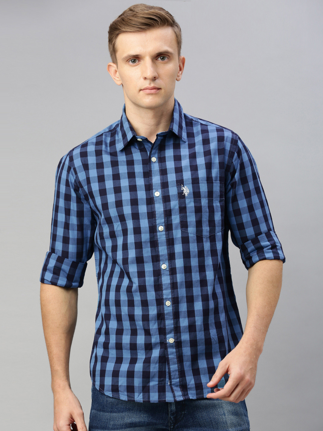 

U.S. Polo Assn. Men Blue & Navy Blue Tailored Fit Checked Casual Shirt