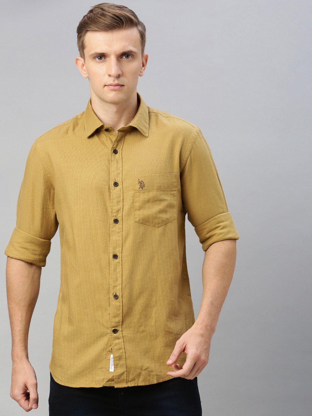 

U.S. Polo Assn. Men Mustard Yellow Tailored Fit Self Design Casual Shirt