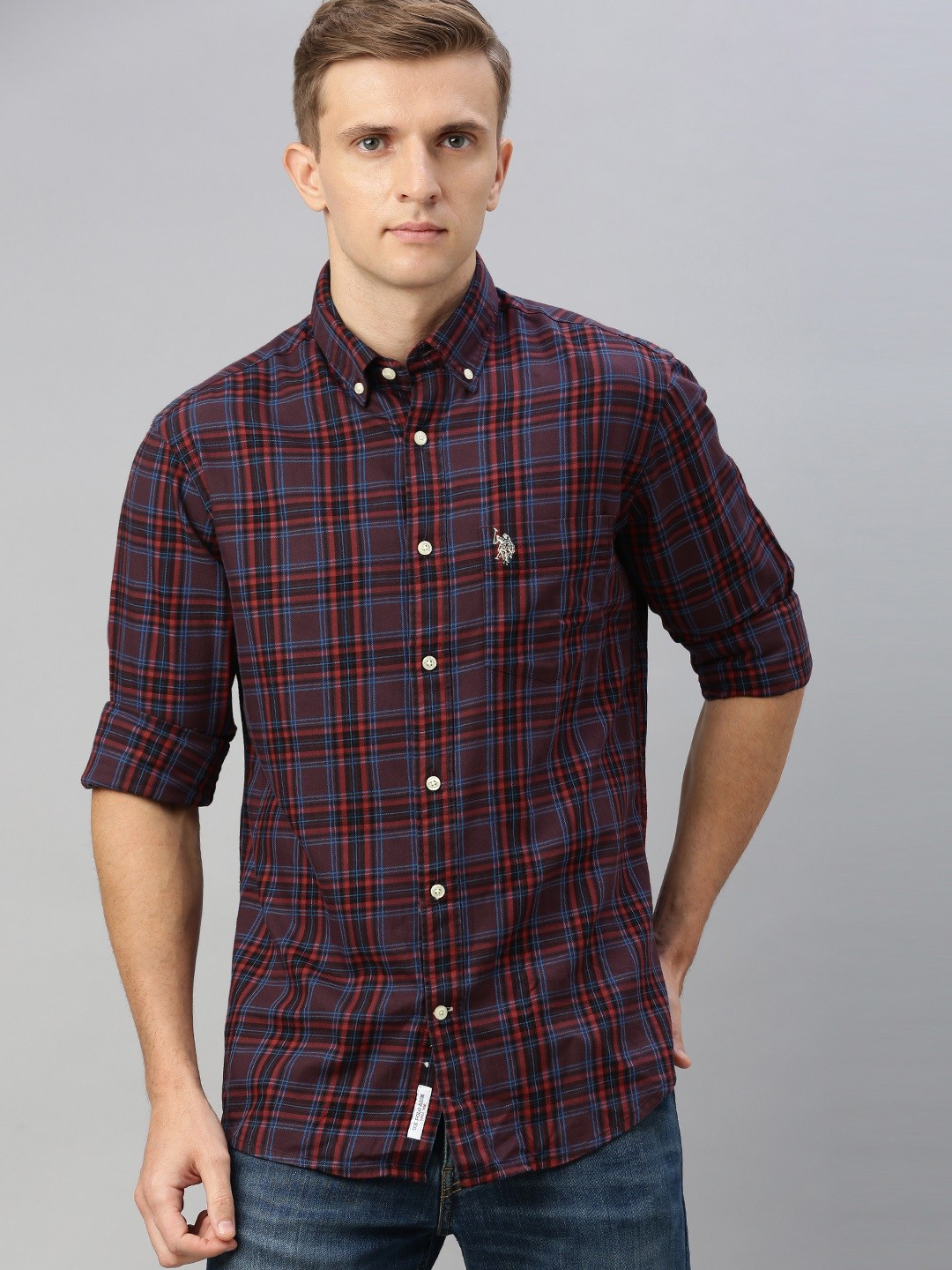 

U.S. Polo Assn. Men Burgundy & Red Tailored Fit Checked Casual Shirt