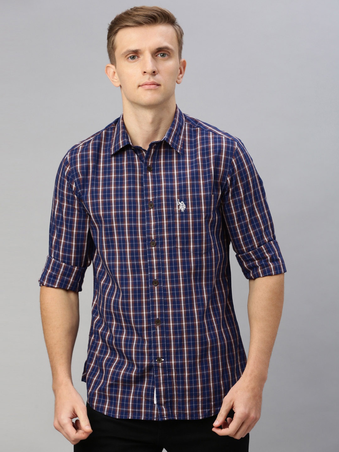 

U.S. Polo Assn. Men Navy Blue & Brown Tailored Fit Checked Casual Shirt