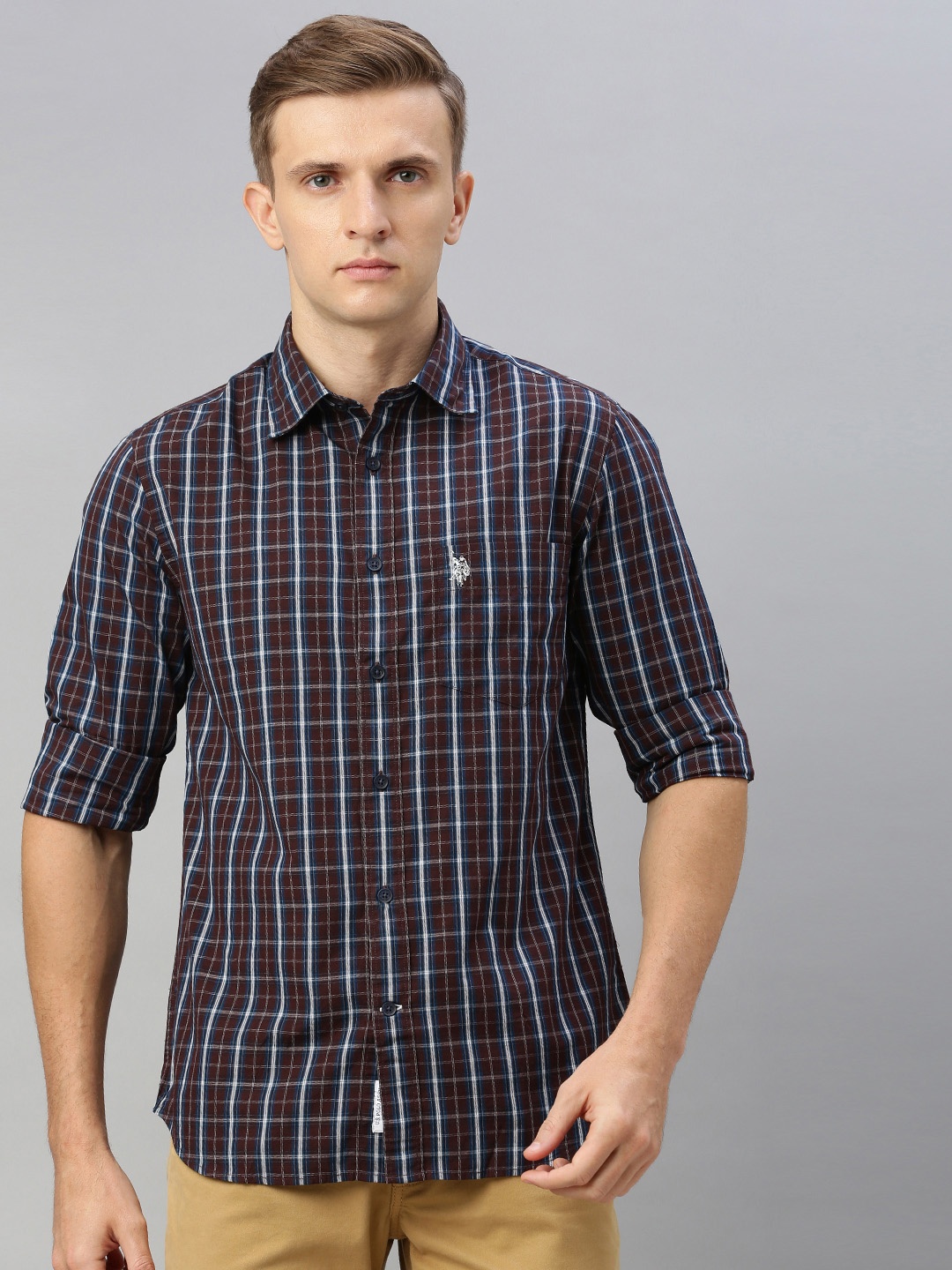 

U.S. Polo Assn. Men Brown & White Tailored Fit Checked Casual Shirt