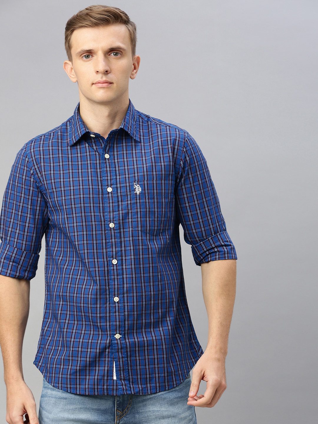 

U.S. Polo Assn. Men Blue & White Tailored Fit Checked Casual Shirt