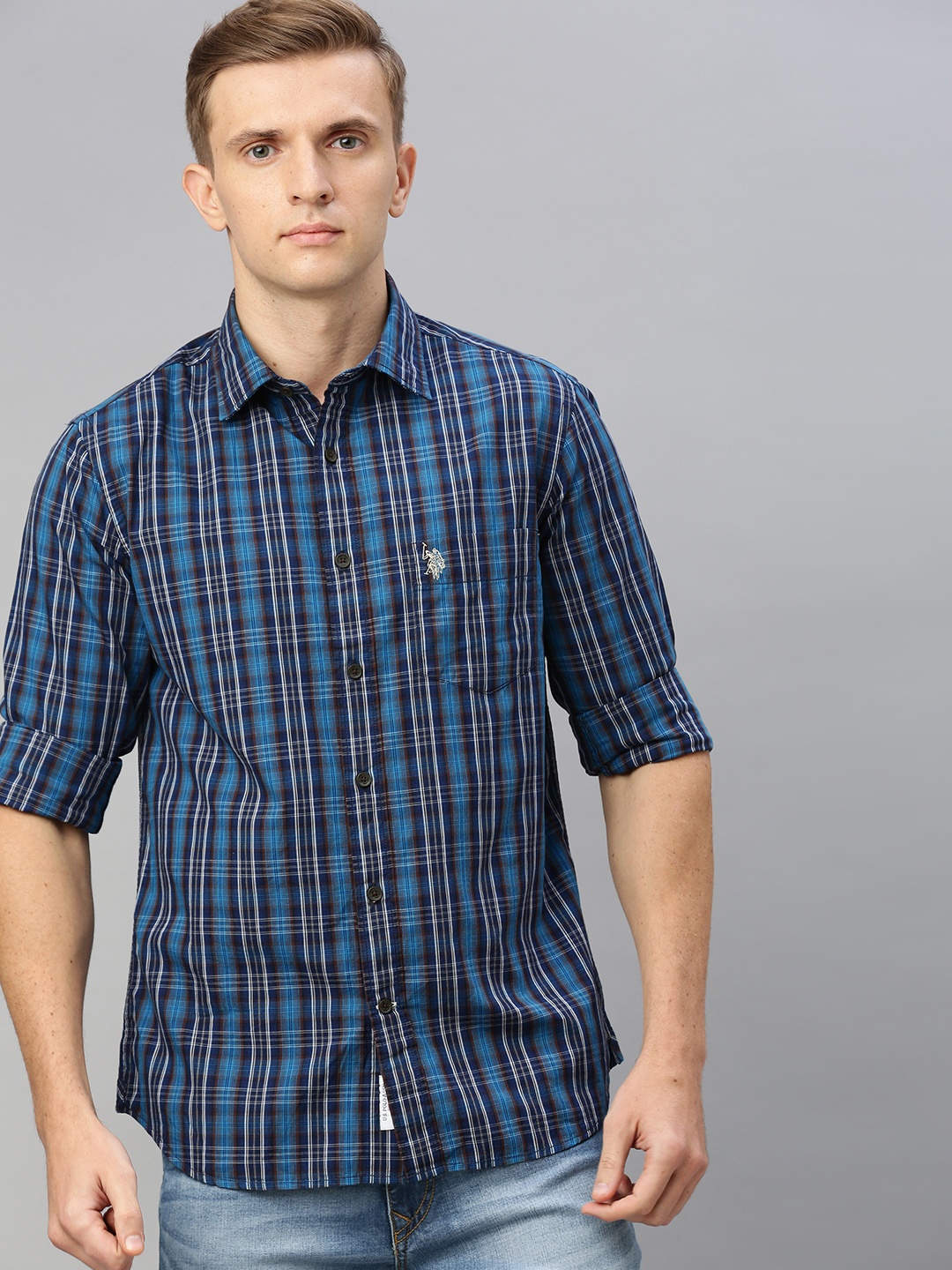 

U.S. Polo Assn. Men Blue & White Tailored Fit Checked Casual Shirt