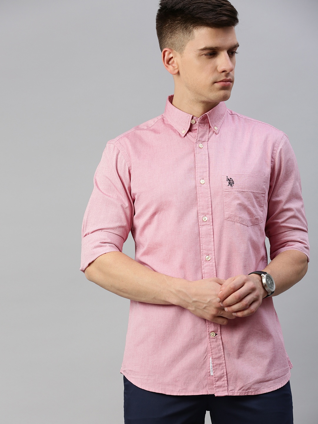 

U.S. Polo Assn. Men Pink Tailored Fit Solid Casual Shirt