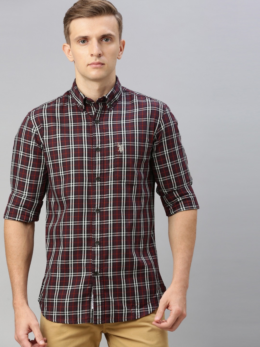 

U.S. Polo Assn. Men Burgundy & White Tailored Fit Checked Casual Shirt