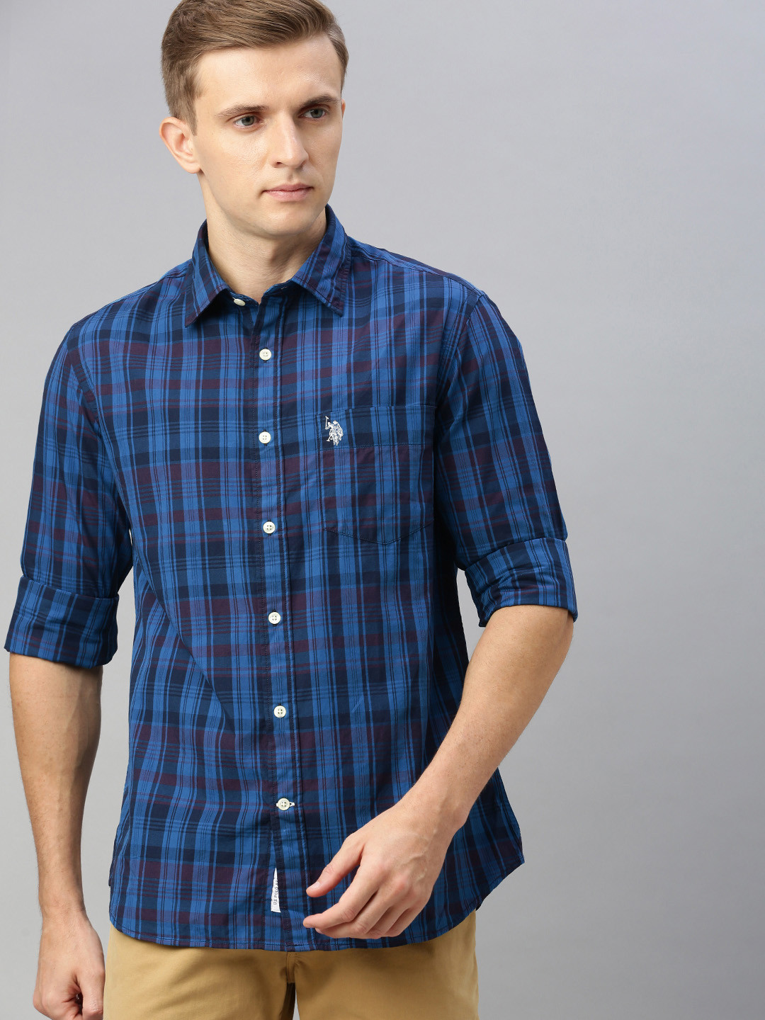 

U.S. Polo Assn. Men Blue & Maroon Tailored Fit Checked Casual Shirt