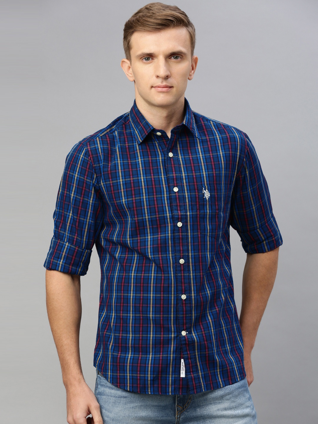 

U.S. Polo Assn. Men Navy Blue & Red Tailored Fit Checked Casual Shirt