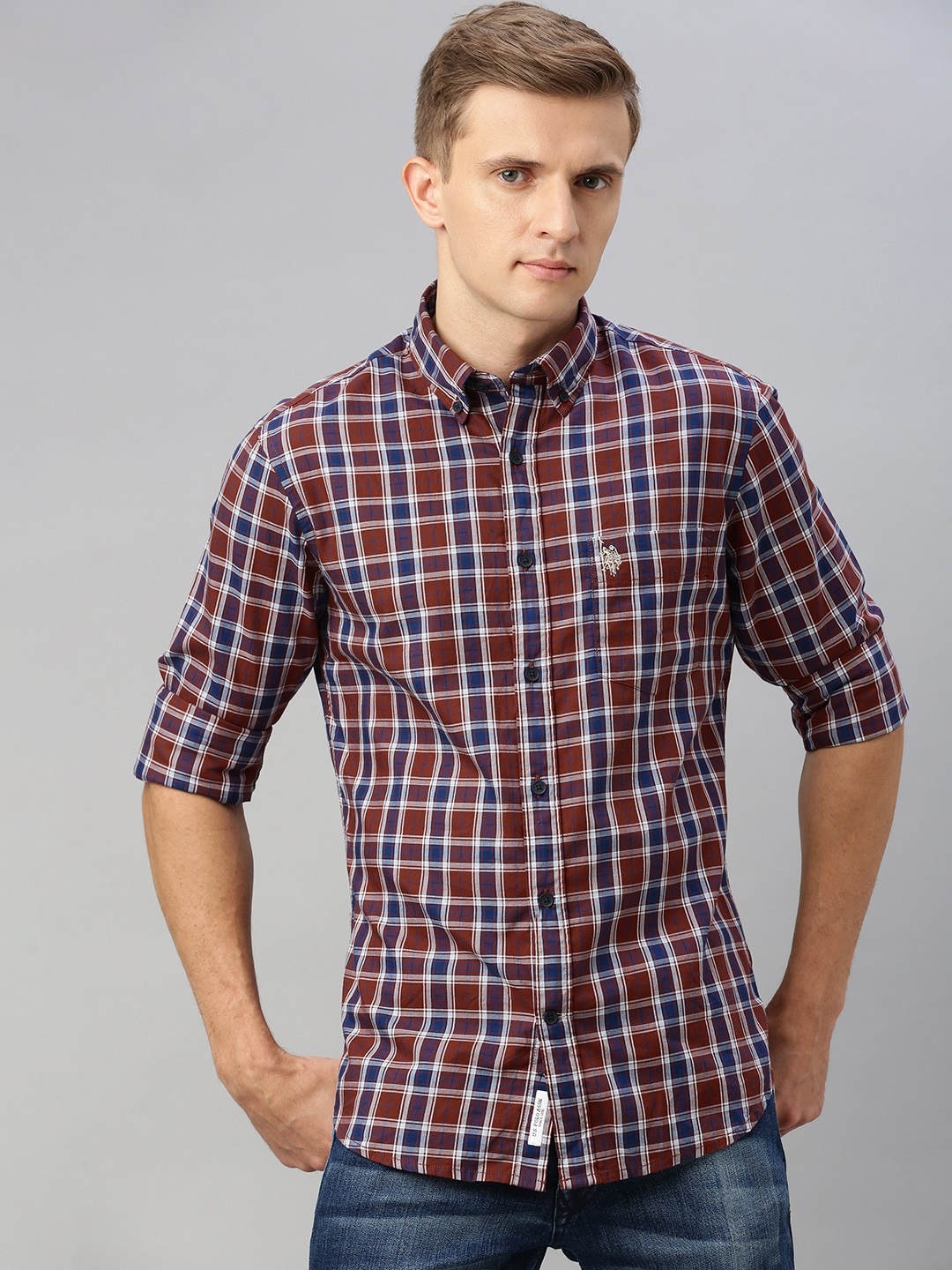 

U.S. Polo Assn. Men Rust Brown & White Tailored Fit Checked Casual Shirt