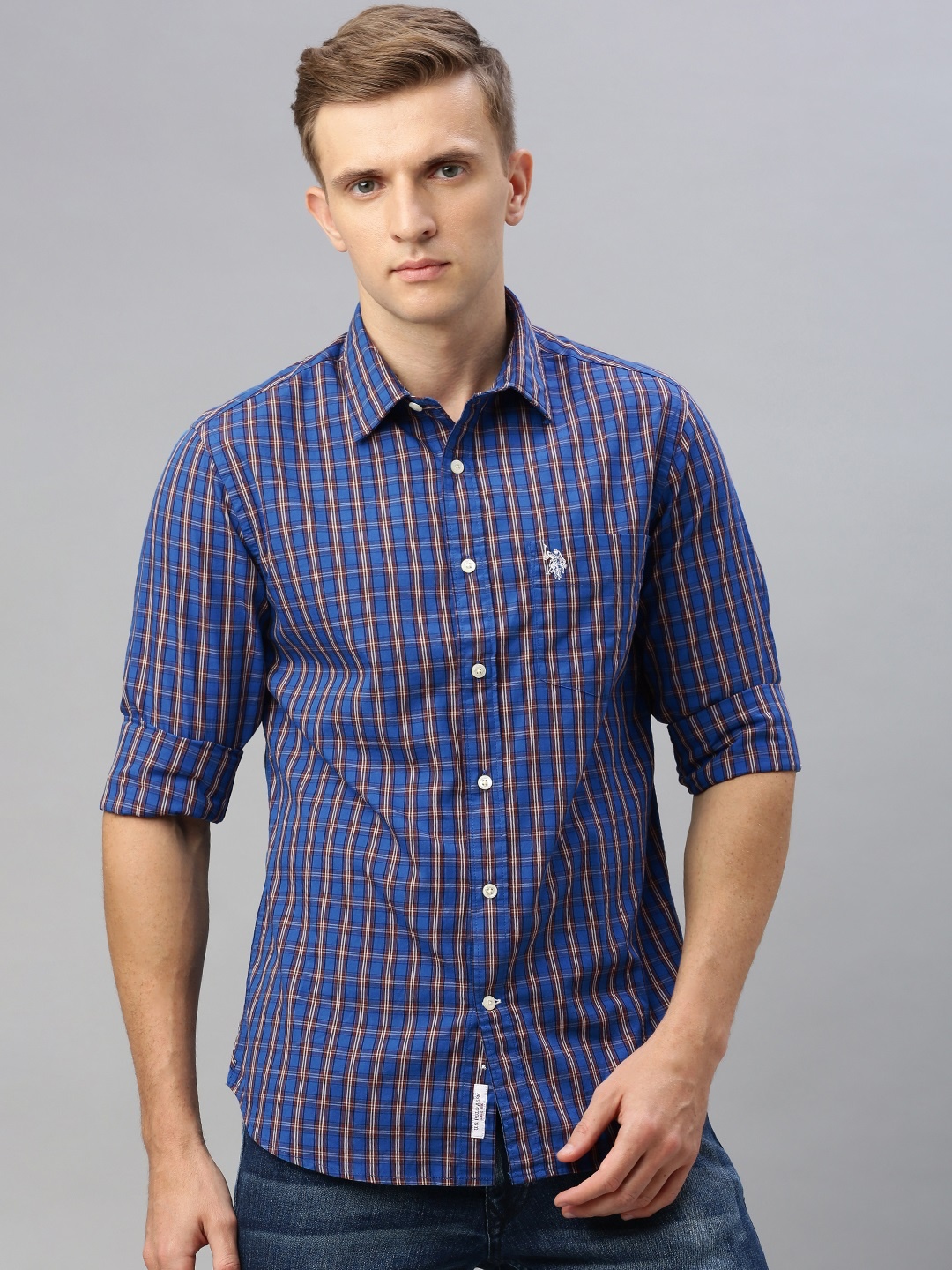 

U.S. Polo Assn. Men Blue & White Tailored Fit Checked Casual Shirt