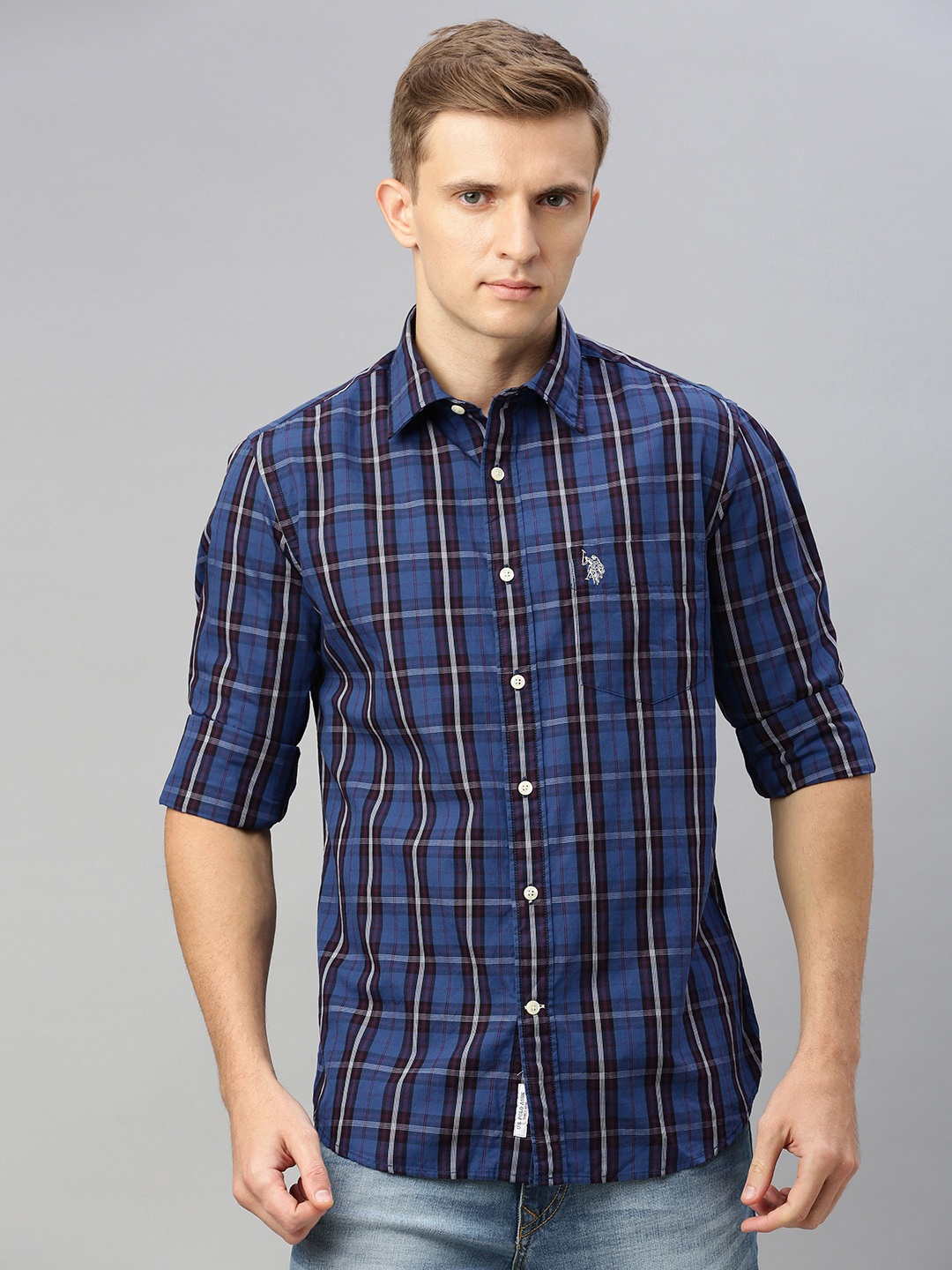 

U.S. Polo Assn. Men Blue & Magenta Pink Tailored Fit Checked Casual Shirt