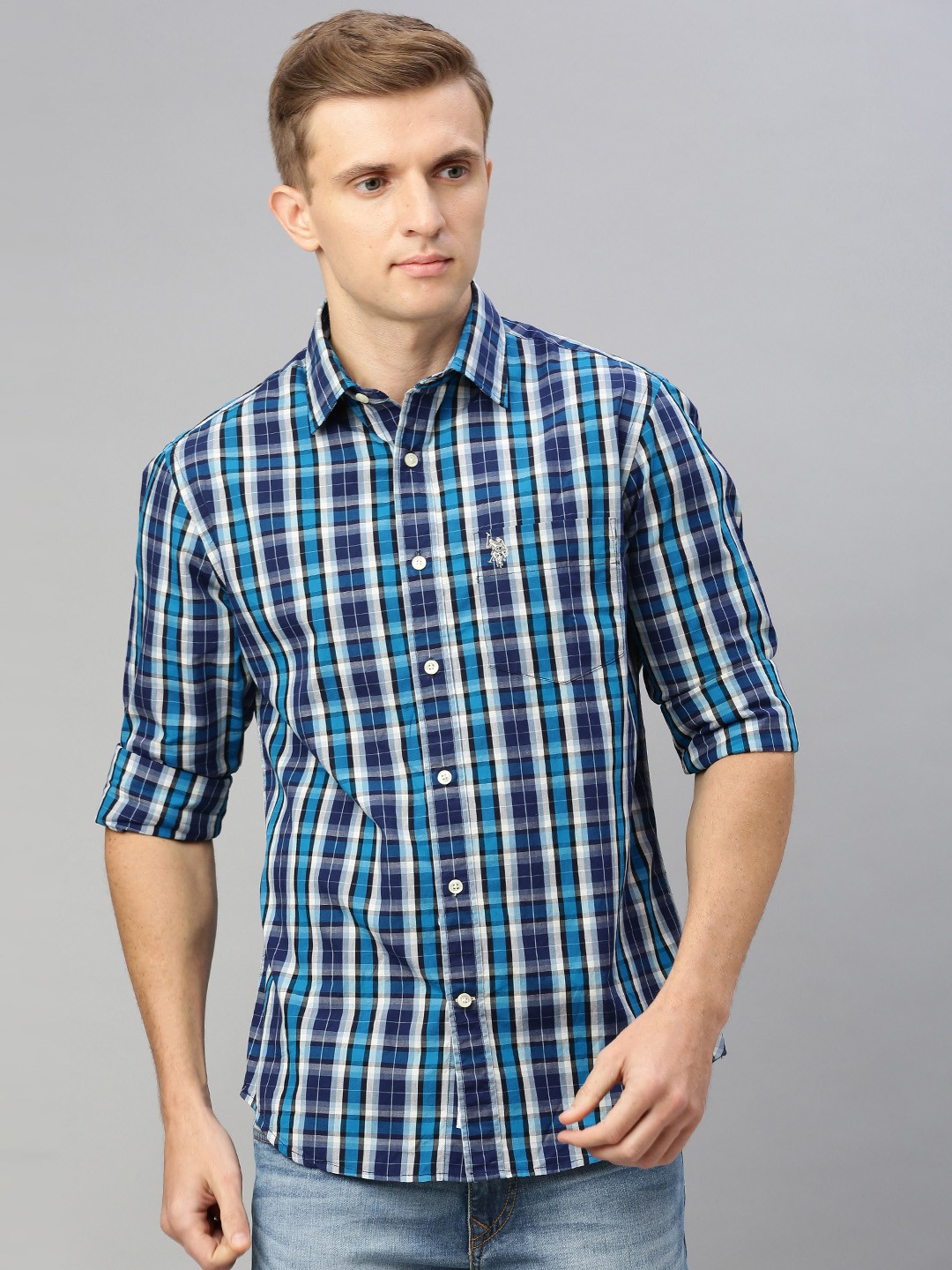 

U.S. Polo Assn. Men Blue & White Tailored Fit Checked Casual Shirt