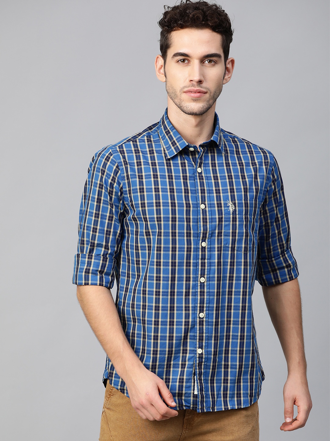 

U.S. Polo Assn. Men Blue & Beige Tailored Fit Checked Casual Shirt