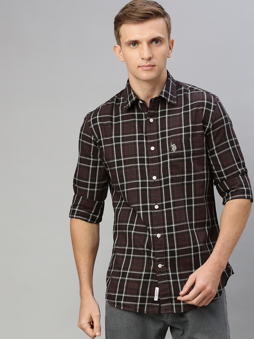 

U.S. Polo Assn. Men Purple & White Tailored Fit Checked Casual Shirt
