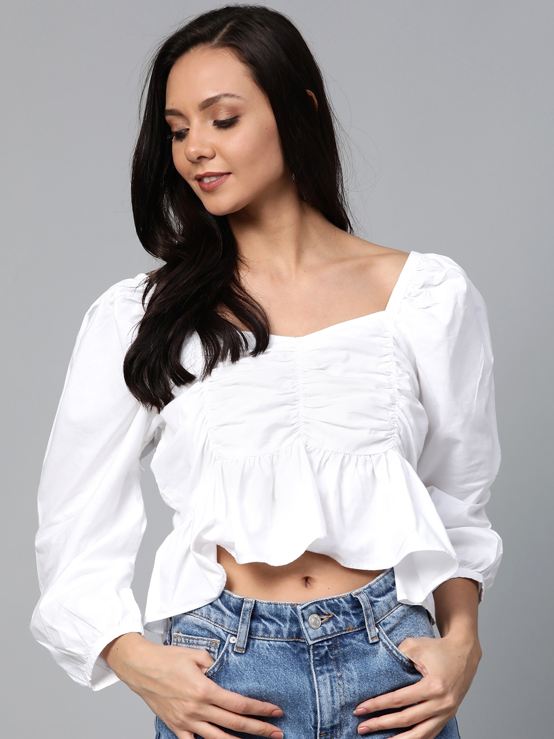 

plusS Women White Solid A-Line Crop Pure Cotton Top