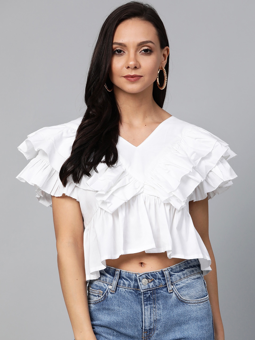 

plusS Women White Solid Frilled Cropped A-Line Pure Cotton Top