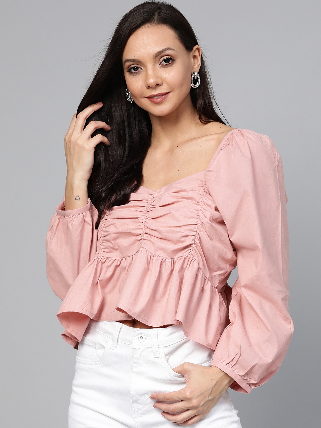 

plusS Women Pink Solid A-Line Crop Pure Cotton Top