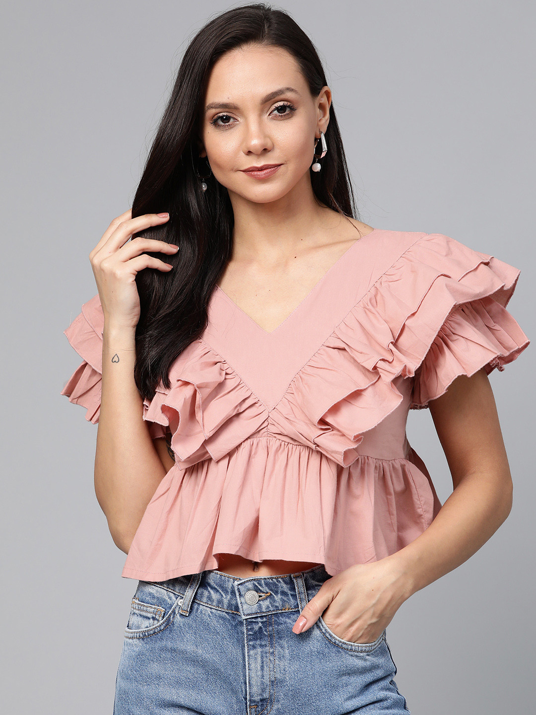 

plusS Women Pink Solid A-Line Crop Pure Cotton Top