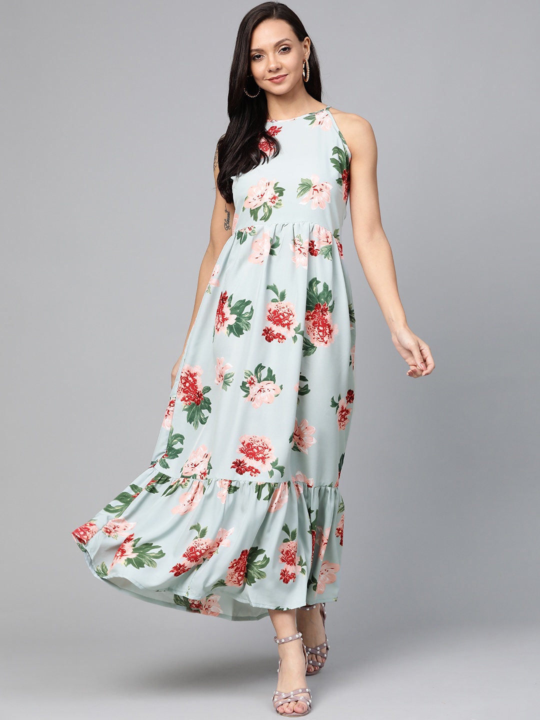 

plusS Women Blue & Pink Floral Print Maxi Dress