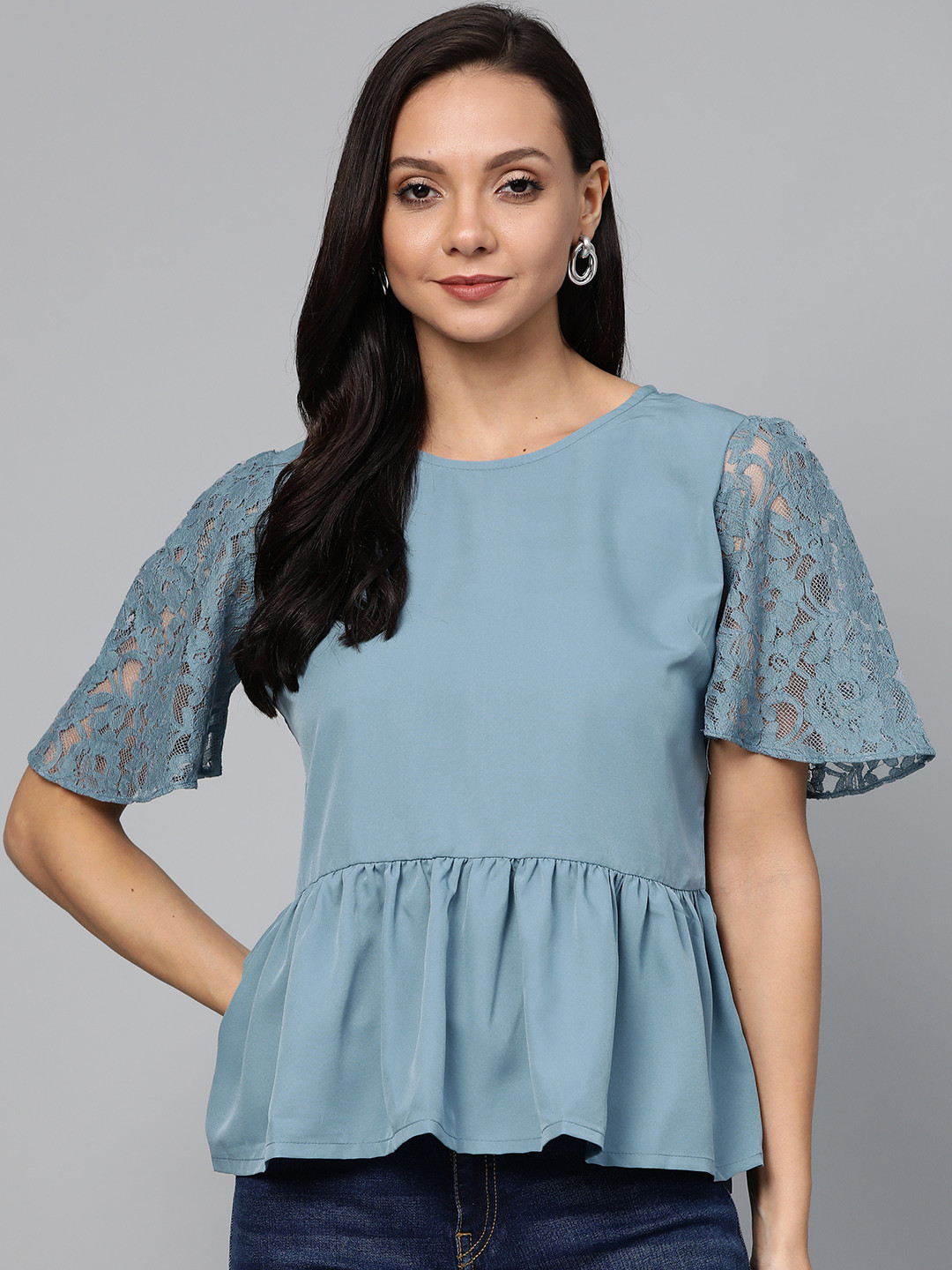 

plusS Women Blue Solid A-Line Top