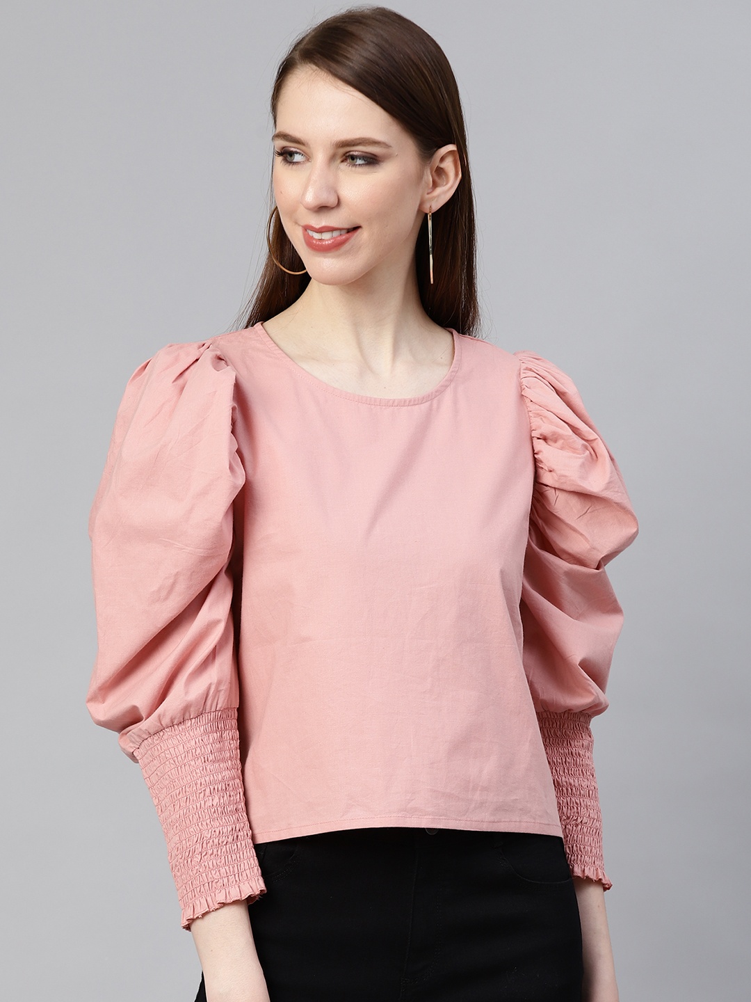 

plusS Women Pink Solid Boxy Pure Cotton Top with Smocking Detail