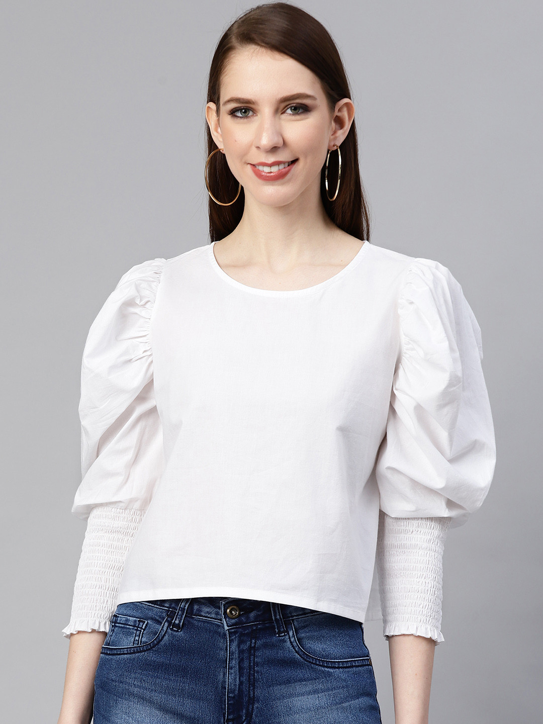 

plusS Women White Solid Boxy Pure Cotton Top with Smocking Detail